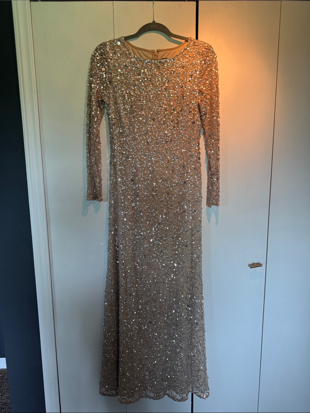 Adrianna Papell Long-Sleeve Sequin Gown in Champagne Gold